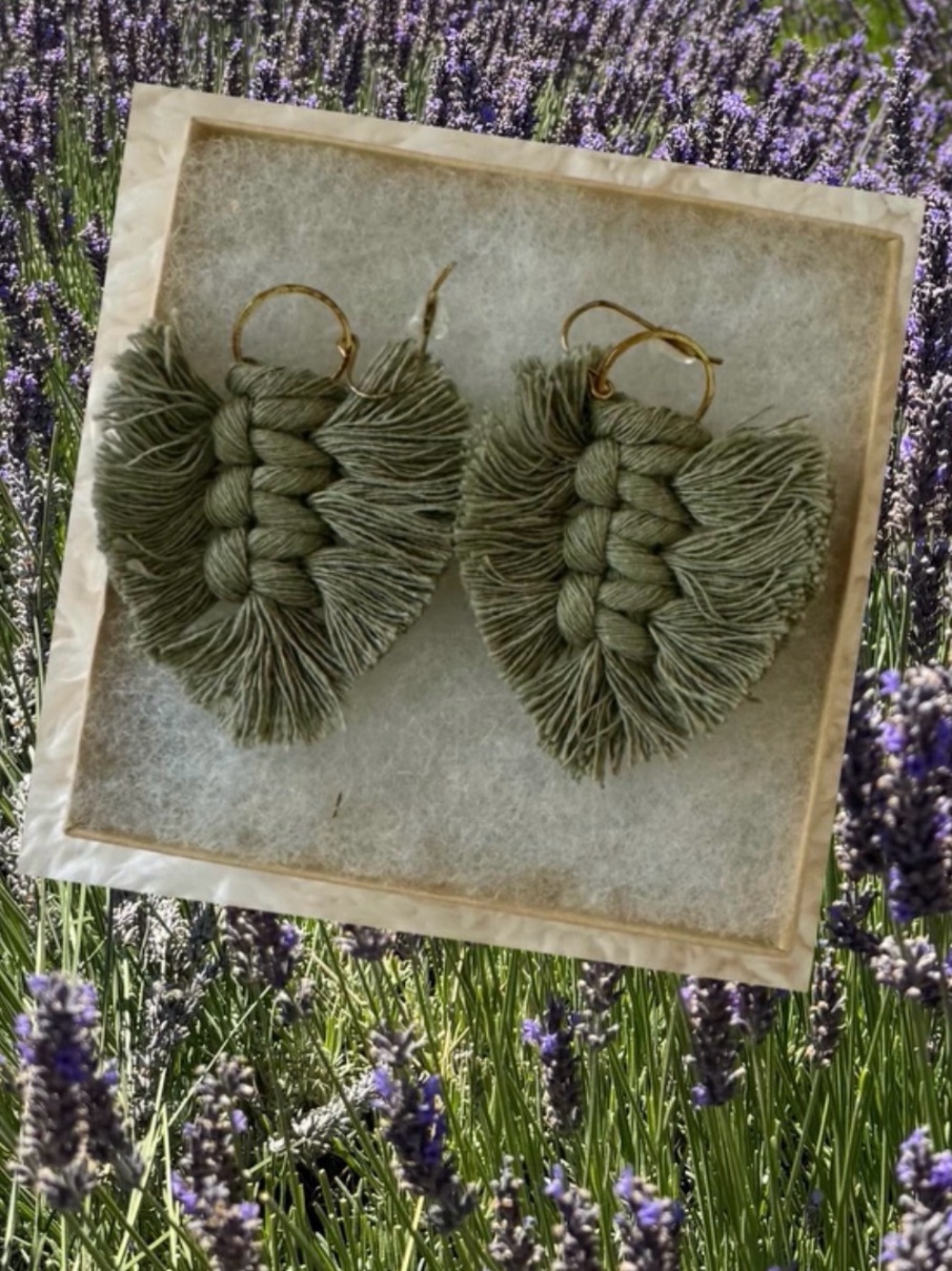 Handmade Olive Green Macrame Heart Earrings - Women Jewelry